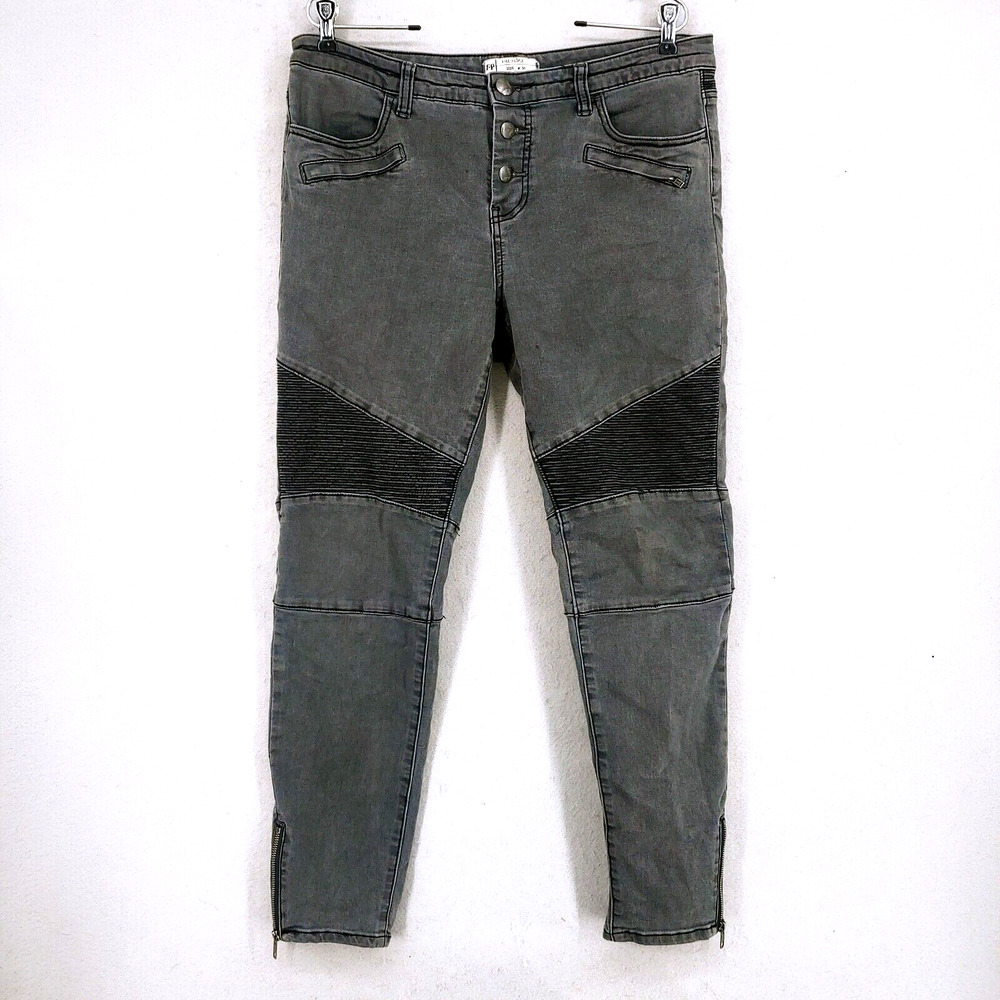 Free People Moto Skinny Jeans Gray Womens 31 Black Ankle Zip Jegging Button Fly